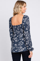 Navy Floral Sweetheart Neck Long Sleeve Top