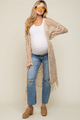 Beige Crochet Fringe Hem Maternity Cardigan