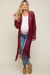 Burgundy Crochet Fringe Hem Maternity Cardigan