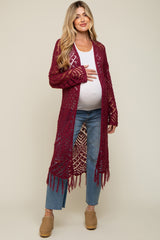 Burgundy Crochet Fringe Hem Maternity Cardigan