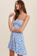 Blue Floral Print Smocked Tube Dress With Back Tie