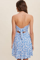 Blue Floral Print Smocked Tube Dress With Back Tie