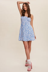 Blue Floral Print Smocked Tube Dress With Back Tie