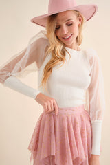 White Rib Knitted Organza Puff Sweater Top