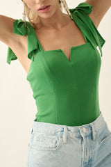 Kelly Green Solid V Neck Tie Shoulder Strap Bodysuit