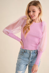 Pink Rib Knitted Organza Puff Sweater Top