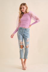 Pink Rib Knitted Organza Puff Sweater Top