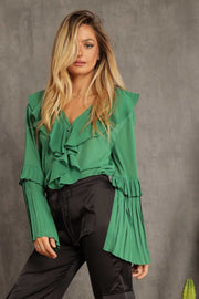 Green Pleated Ruffle Blouse