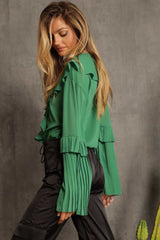 Green Pleated Ruffle Blouse