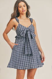 Navy Plaid Ruffle Cami Dress With Front Bow