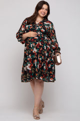 Black Floral Ruffle V-Neck Maternity Plus Dress