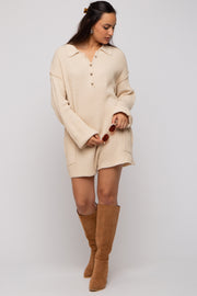 Beige Button Up Sweater Romper