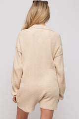 Beige Button Up Maternity Sweater Romper