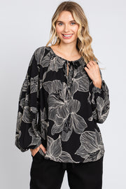 Black Floral V-Neck Long Sleeve Blouse