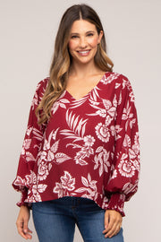 Burgundy Floral V-Neck Long Sleeve Maternity Blouse