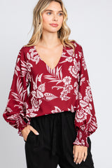 Burgundy Floral V-Neck Long Sleeve Maternity Blouse