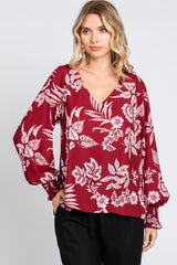 Burgundy Floral V-Neck Long Sleeve Blouse