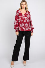 Burgundy Floral V-Neck Long Sleeve Blouse