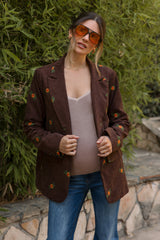 Brown Corduroy Floral Embroidered Maternity Blazer