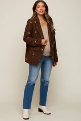 Brown Corduroy Floral Embroidered Maternity Blazer