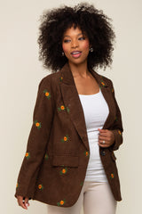 Brown Corduroy Floral Embroidered Blazer