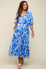 Blue Floral Button Up Puff Sleeve Maternity Midi Dress