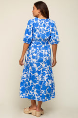 Blue Floral Button Up Puff Sleeve Maternity Midi Dress