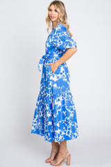 Blue Floral Button Up Puff Sleeve Midi Dress