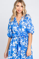 Blue Floral Button Up Puff Sleeve Midi Dress