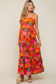 Orange Floral Back Tie Maternity Maxi Dress