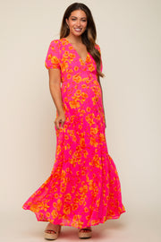 Neon Pink Floral Front Button Tiered Maternity Maxi Dress