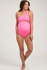 Fuchsia Asymmetrical One Shoulder Side Cutout One-Piece Maternity Swimsuit