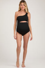 Black Asymmetrical One Shoulder Side Cutout One-Piece Maternity Swimsuit