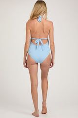 Light Blue Ribbed Low Back Halter One-Piece Maternity Swimsuit