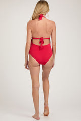 Red Ribbed Low Back Halter One-Piece Maternity Swimsuit