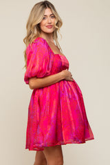 Magenta Leopard Print Puff Sleeve Maternity Dress