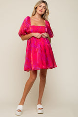 Magenta Leopard Print Puff Sleeve Maternity Dress