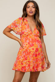 Orange Floral Chiffon Flutter Short Sleeve Lace-Up Back Maternity Dress