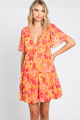 Orange Floral Chiffon Flutter Short Sleeve Lace-Up Back Maternity Dress