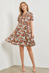 Brown Floral Button Front Collared Ruffle Hem Maternity Dress