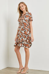 Brown Floral Button Front Collared Ruffle Hem Dress