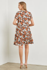 Brown Floral Button Front Collared Ruffle Hem Dress