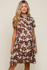 Brown Floral Button Front Collared Ruffle Hem Maternity Dress