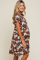 Brown Floral Button Front Collared Ruffle Hem Maternity Dress