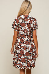 Brown Floral Button Front Collared Ruffle Hem Maternity Dress