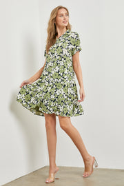 Green Floral Button Front Collared Ruffle Hem Dress