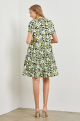 Green Floral Button Front Collared Ruffle Hem Dress