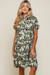 Green Floral Button Front Collared Ruffle Hem Maternity Dress