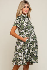 Green Floral Button Front Collared Ruffle Hem Maternity Dress