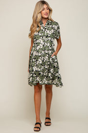 Green Floral Button Front Collared Ruffle Hem Maternity Dress